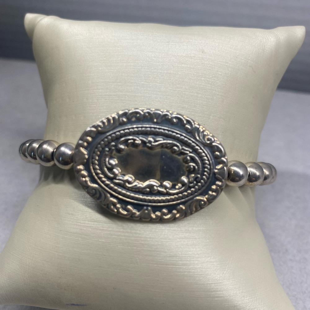 Sterling Silver Beaded Bracelet with Oval Engraved Plate 7.5 Inches.